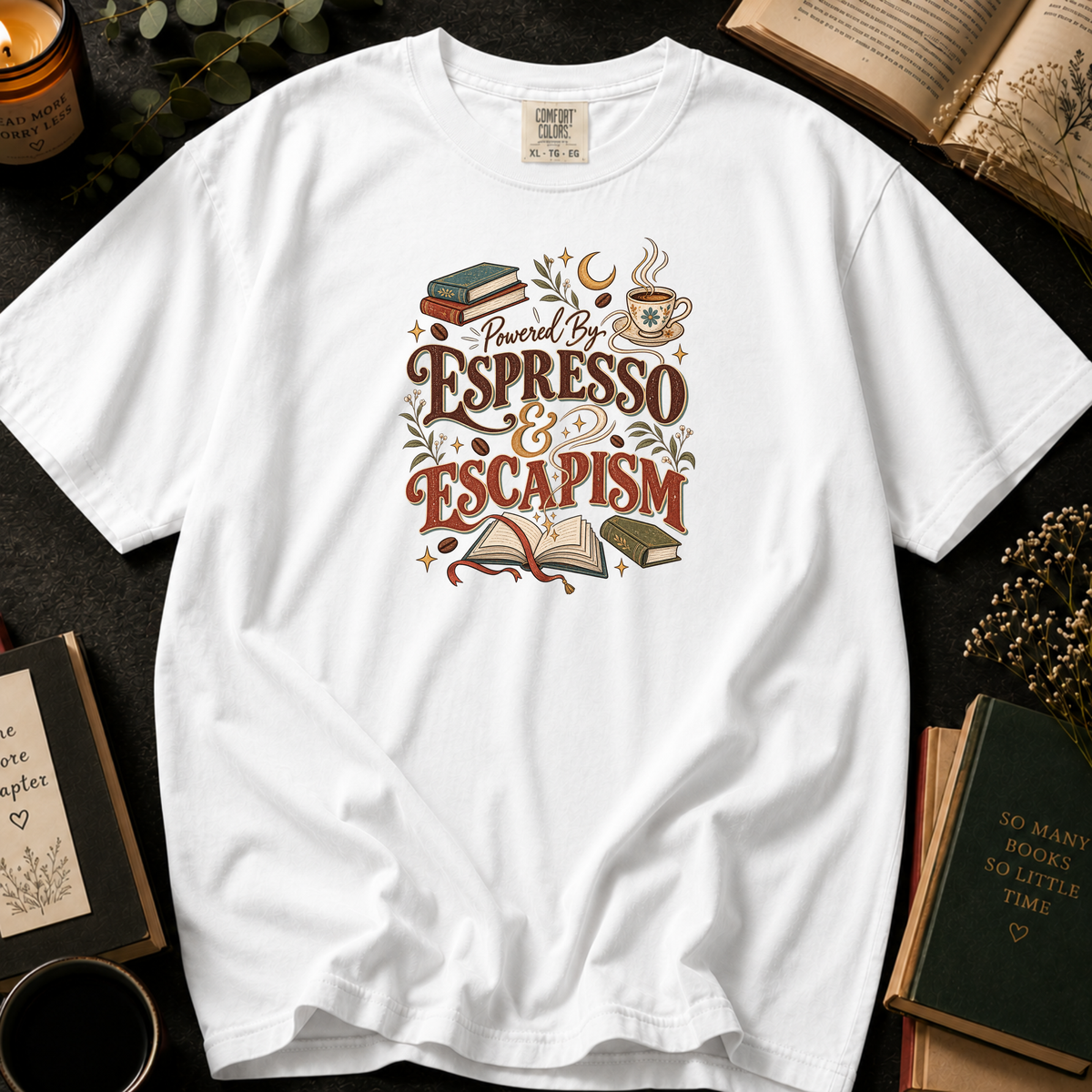 Powered By Espresso & Escapism T-Shirt in White, Between the Pages