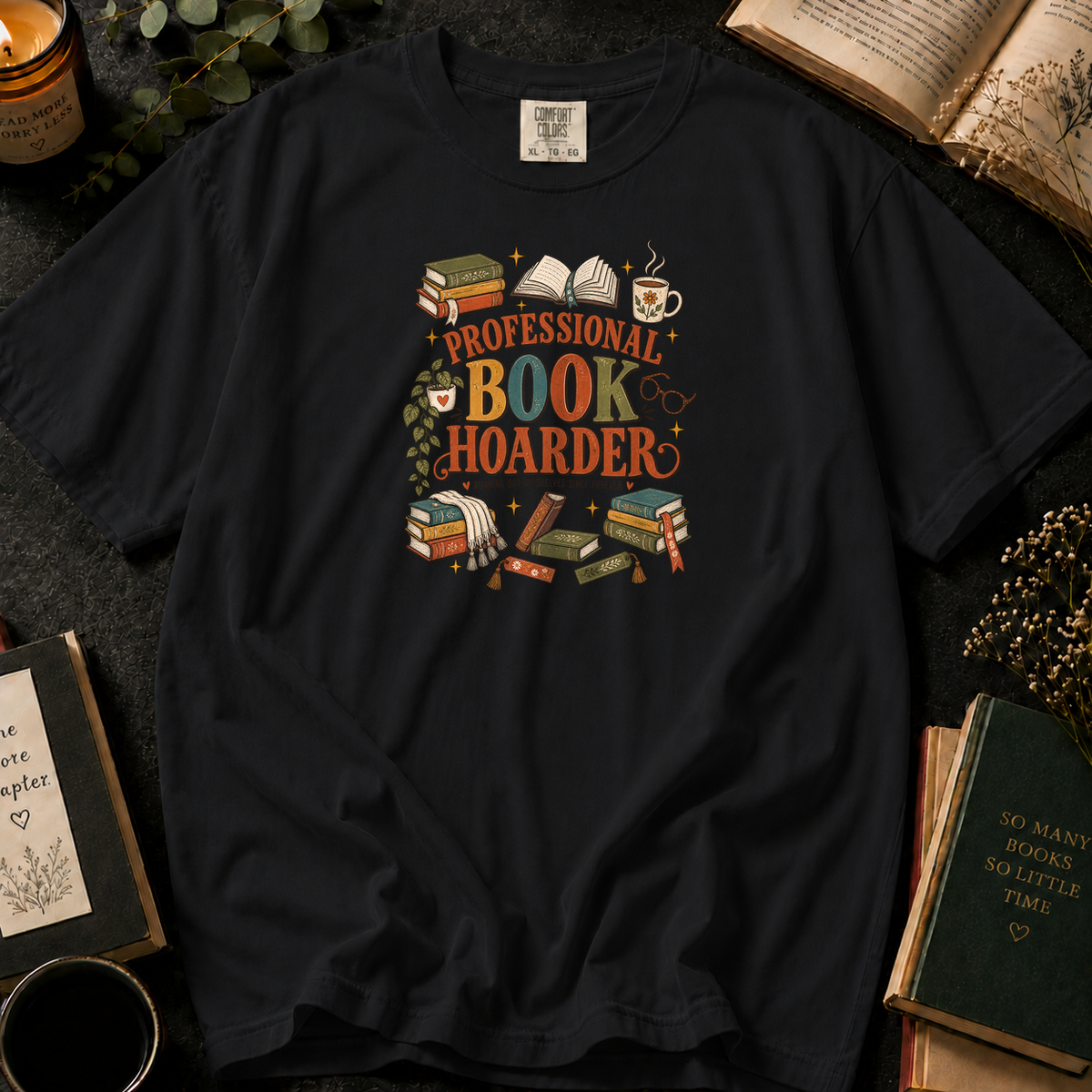 Professional Book Hoarder T-Shirt in Black, Between the Pages