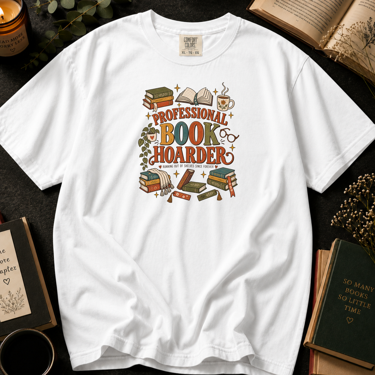 Professional Book Hoarder T-Shirt in White, Between the Pages