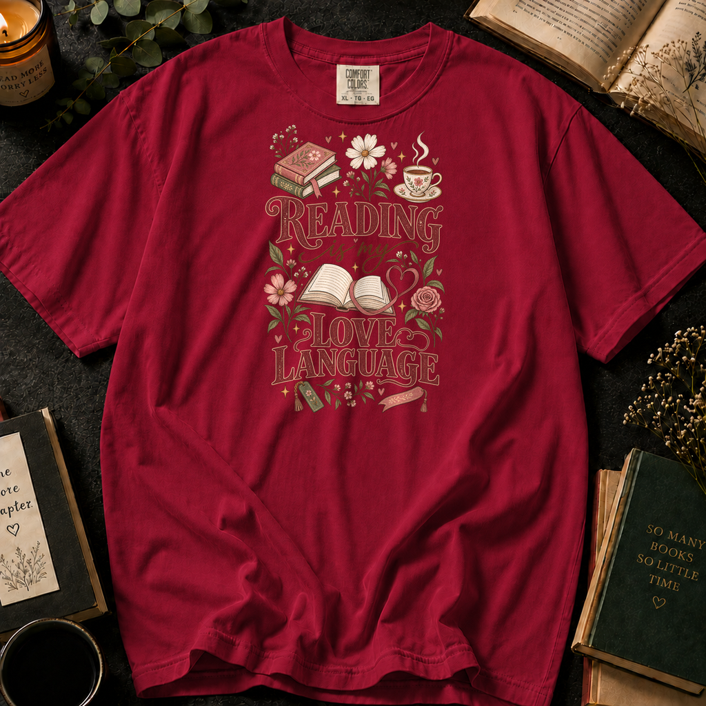 Reading Is My Love Language T-Shirt in Crimson, Between the Pages