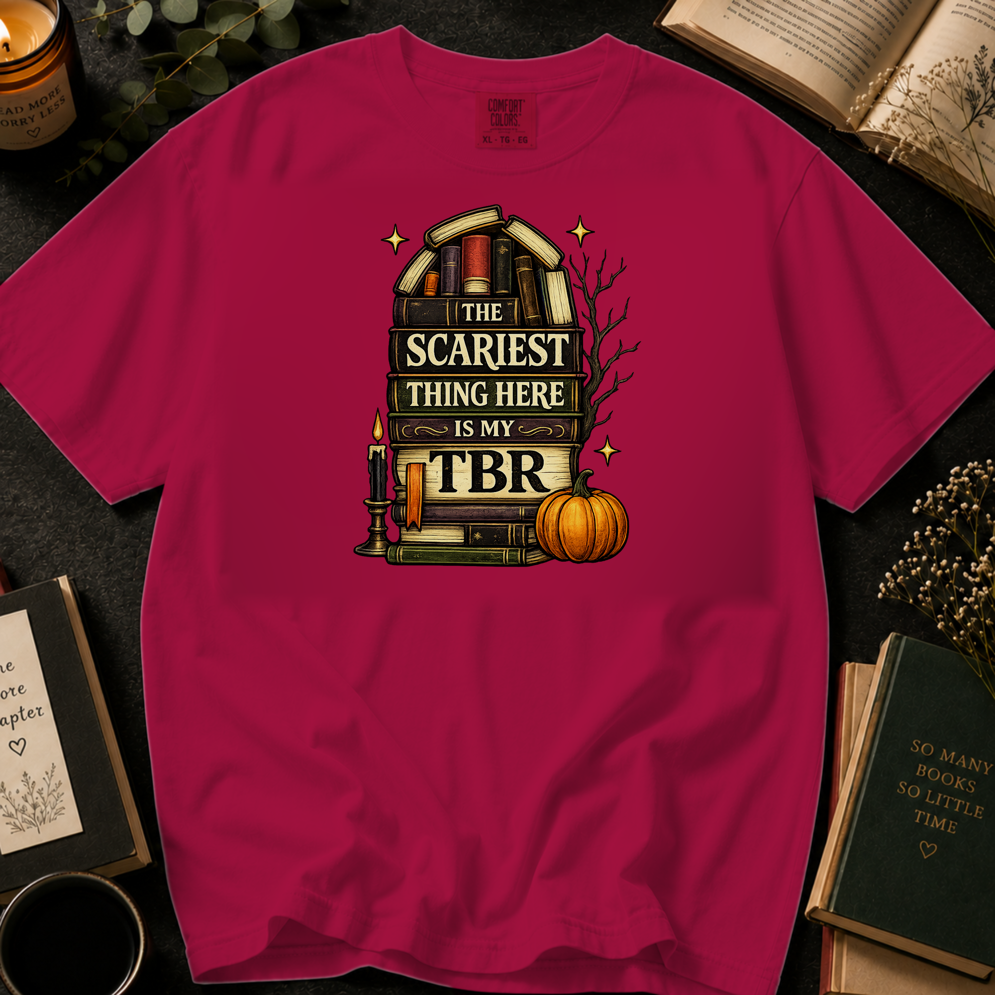 Halloween Booklover T-Shirt — "The Scariest Thing Here Is My TBR" Graphic Tee