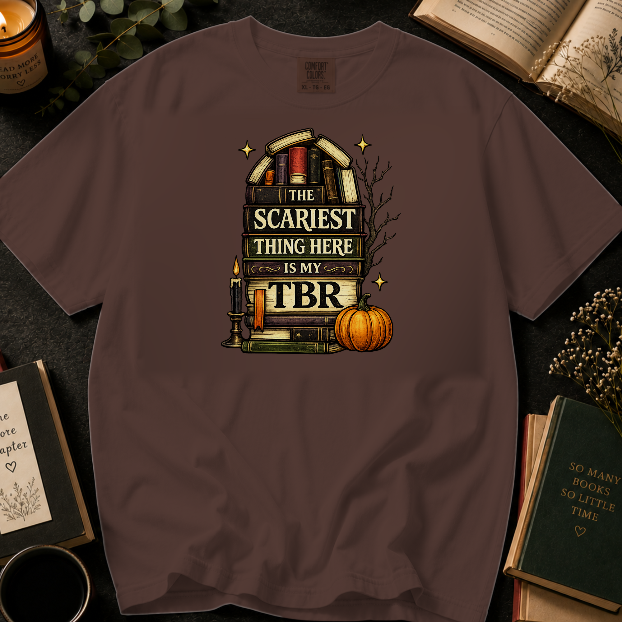 Halloween Booklover T-Shirt — "The Scariest Thing Here Is My TBR" Graphic Tee