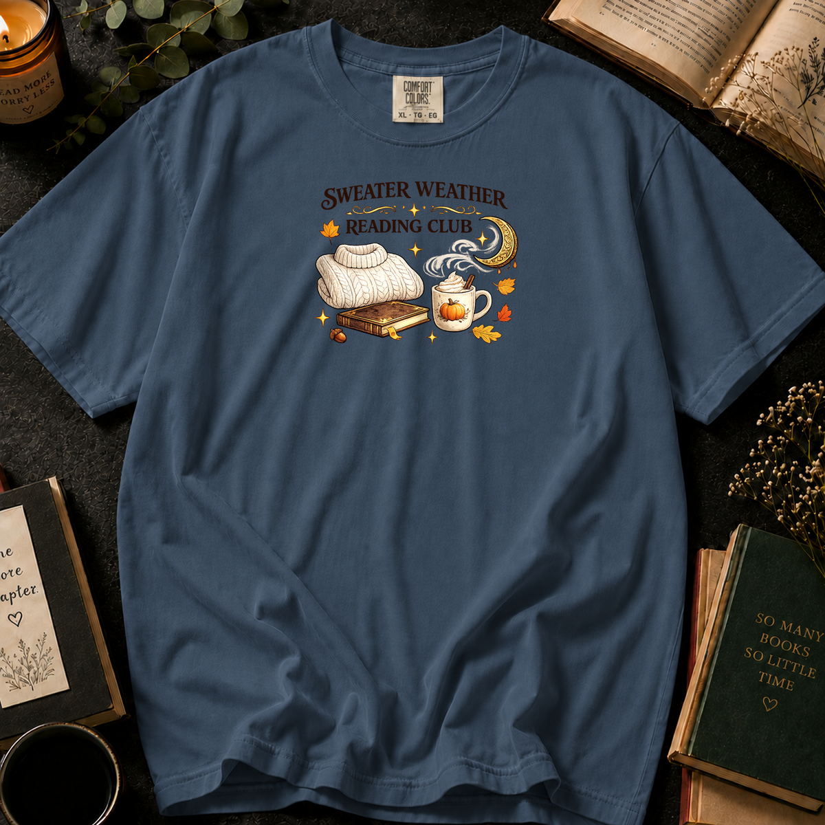 Sweater Weather Reading Club T-Shirt in Denim, Between the Pages