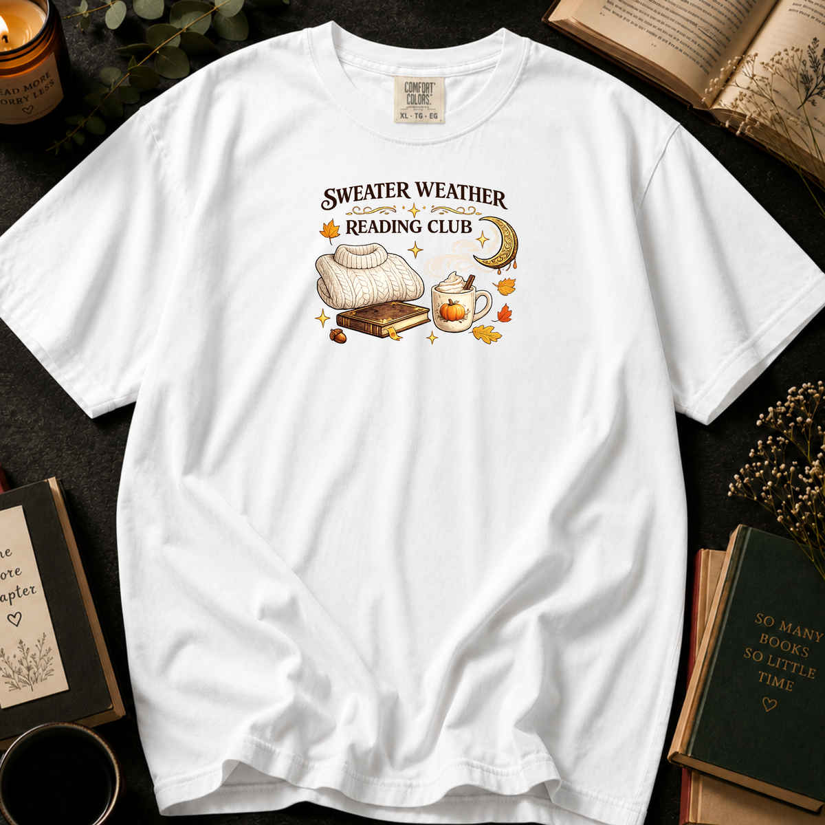 Sweater Weather Reading Club T-Shirt in White, Between the Pages