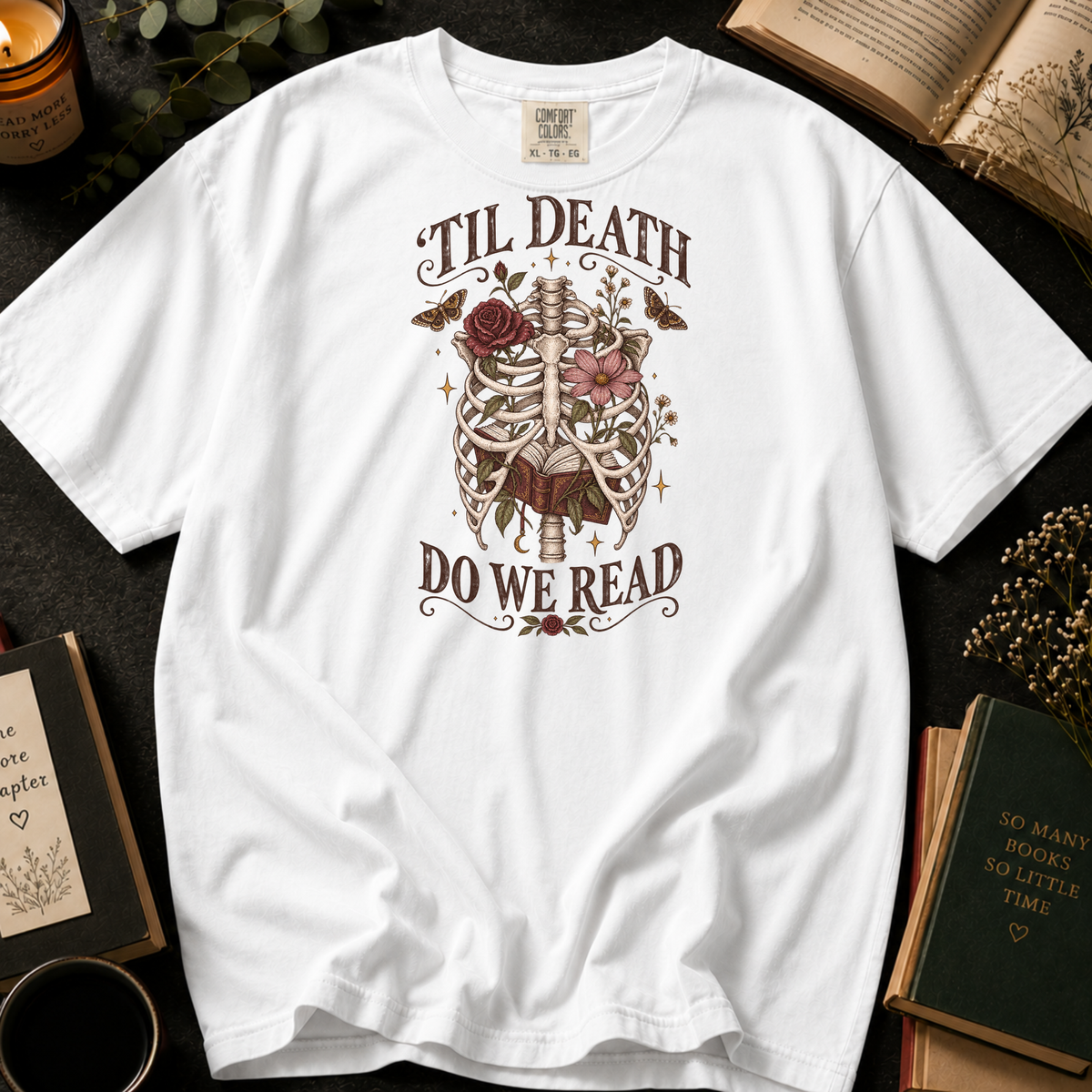 'Til Death Do We Read T-Shirt in White, Between the Pages