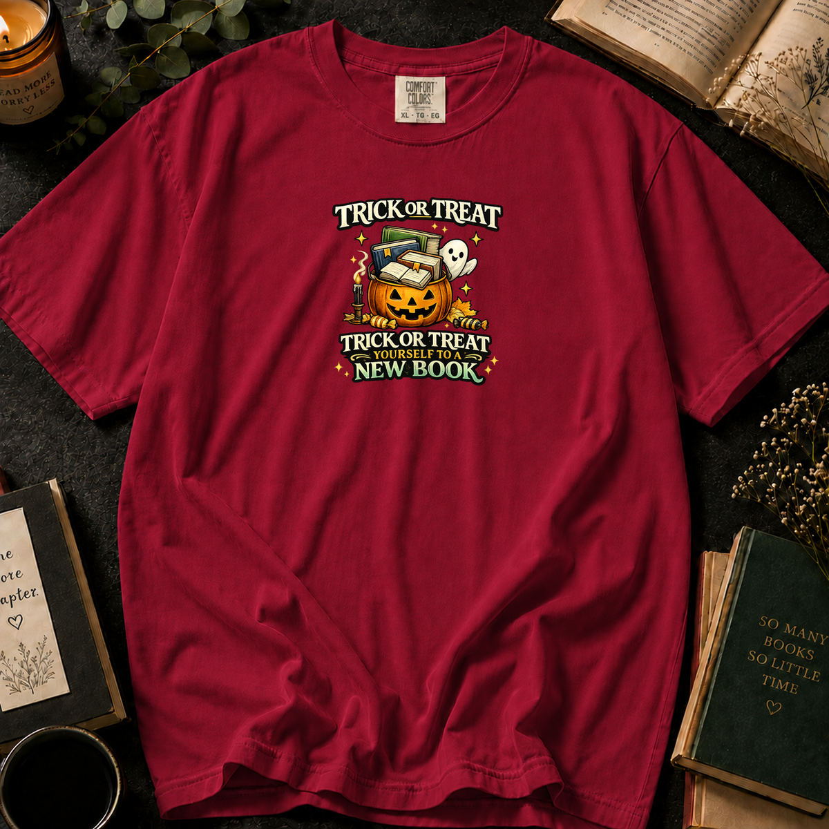 Trick or Treat Yourself to a New Book T-Shirt in Crimson, Between the Pages