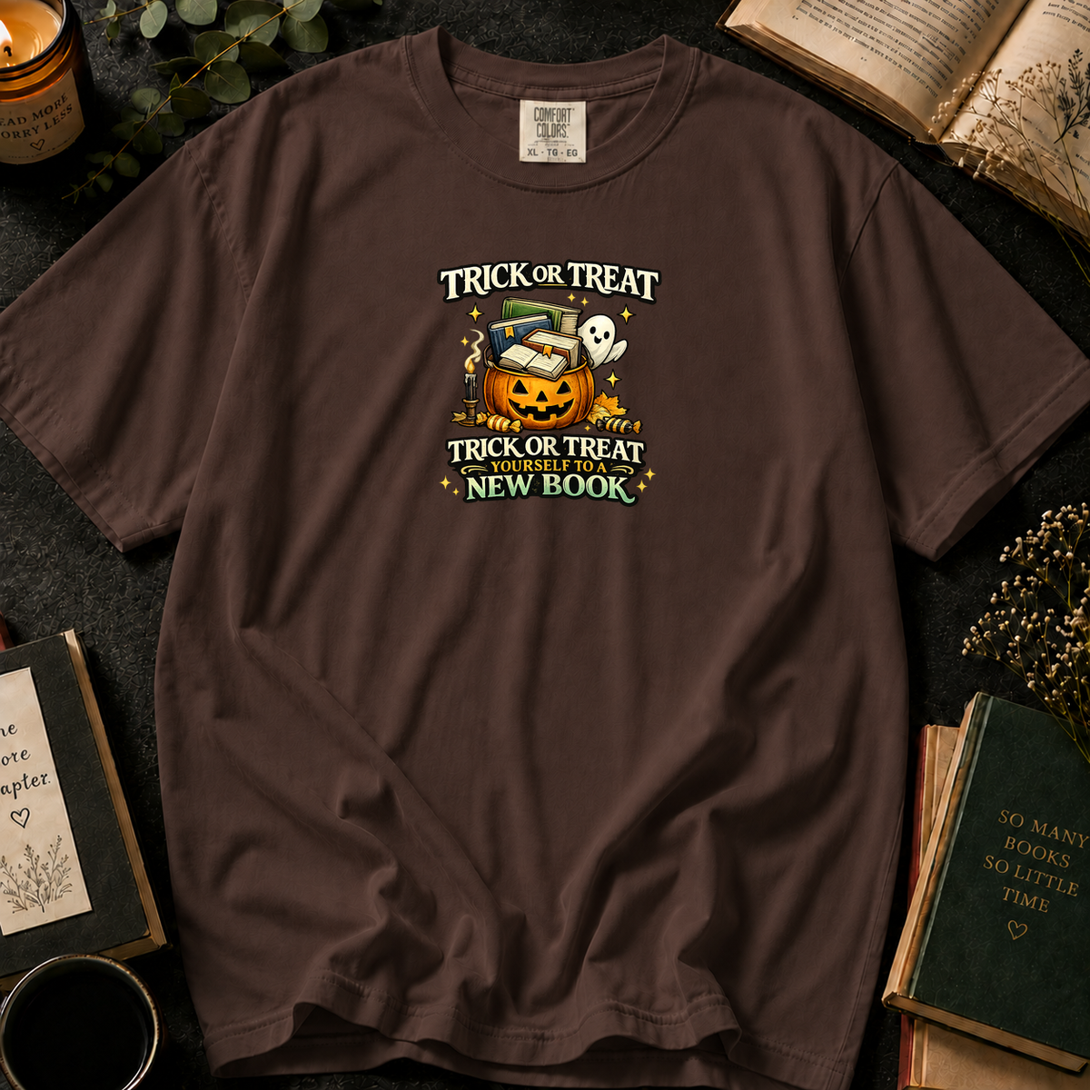 Trick or Treat Yourself to a New Book T-Shirt in Espresso, Between the Pages