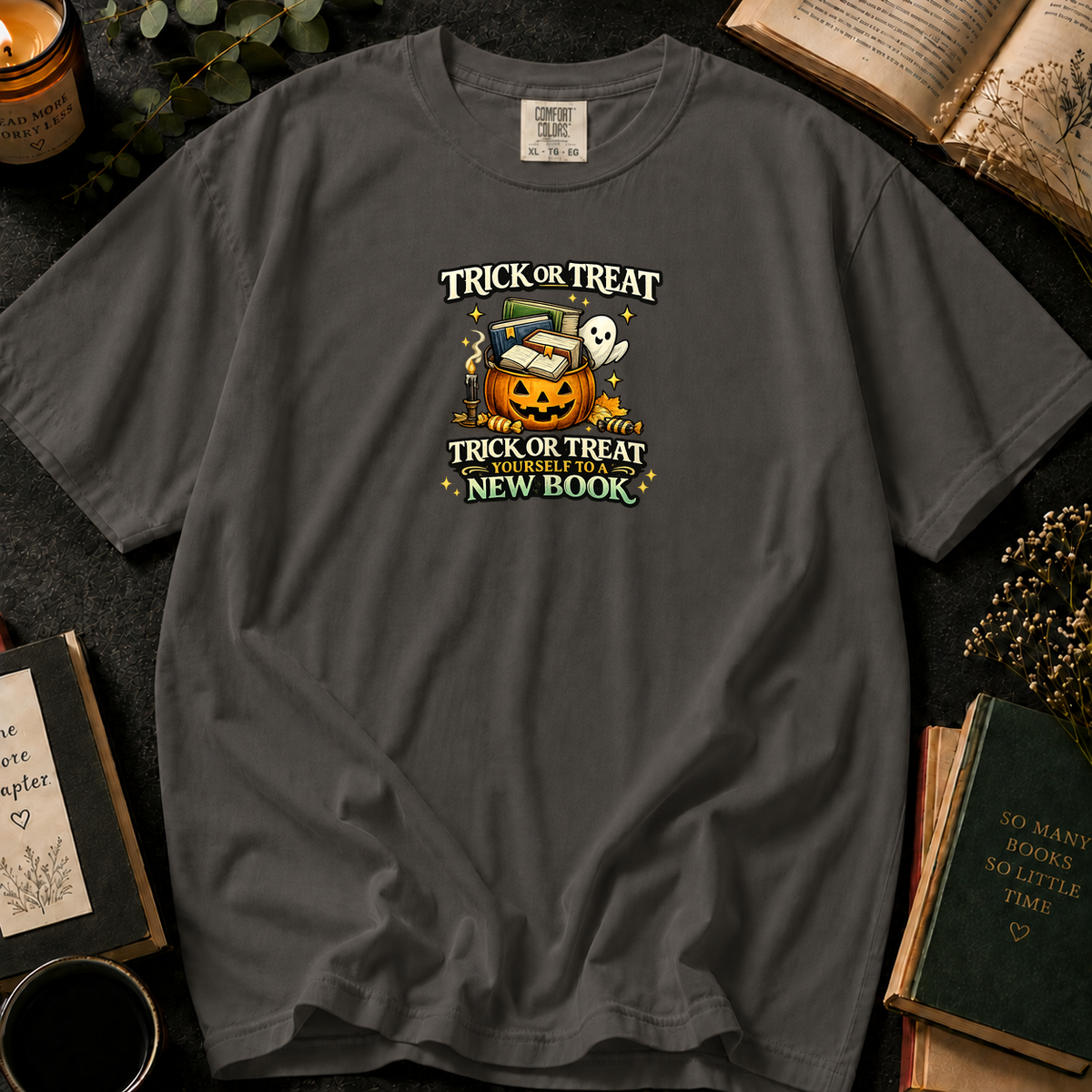 Trick or Treat Yourself to a New Book T-Shirt in Pepper, Between the Pages