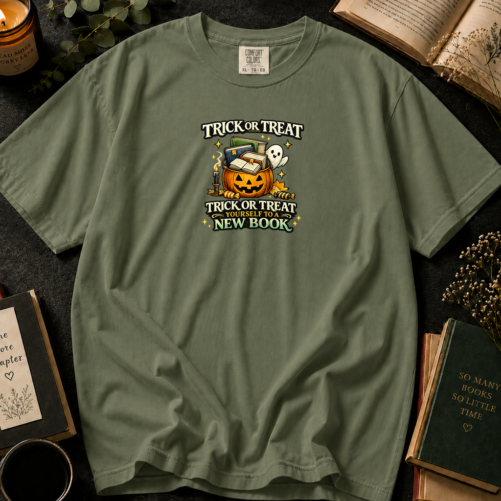 Trick or Treat Yourself to a New Book T-Shirt in Sage, Between the Pages