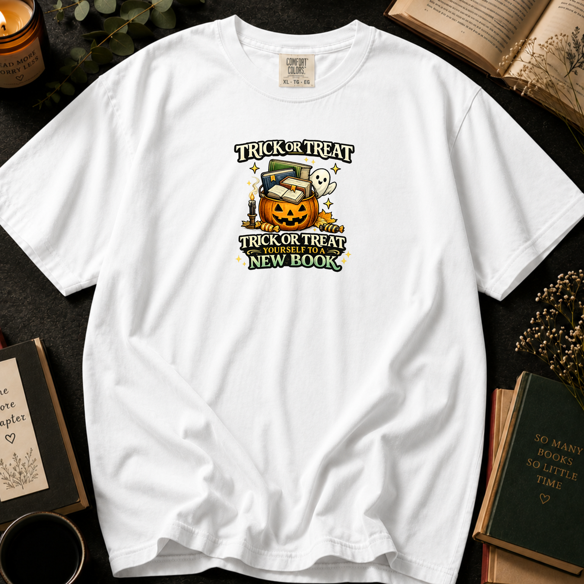 Trick or Treat Yourself to a New Book T-Shirt in White, Between the Pages