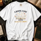 A Book A Day Keeps Reality Away T-Shirt: Cozy Morning Flatlay in White - Comfort Colors® T-Shirt
